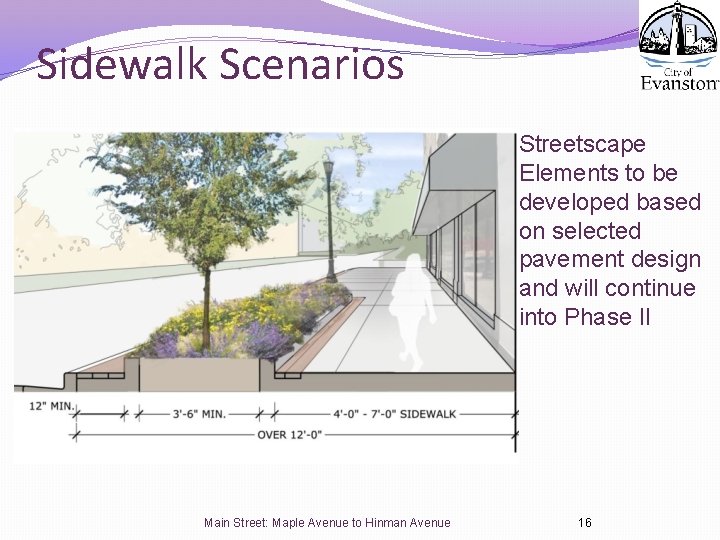 Sidewalk Scenarios Streetscape Elements to be developed based on selected pavement design and will