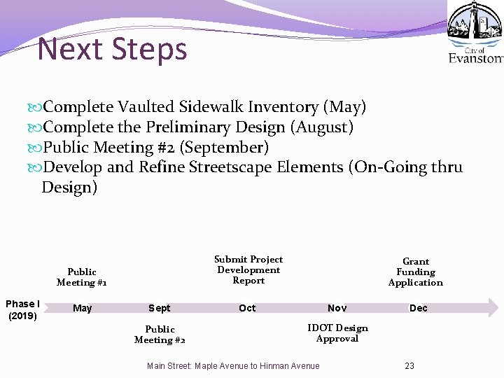 Next Steps Complete Vaulted Sidewalk Inventory (May) Complete the Preliminary Design (August) Public Meeting