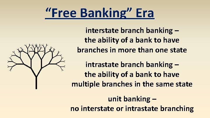 “Free Banking” Era interstate branch banking – the ability of a bank to have