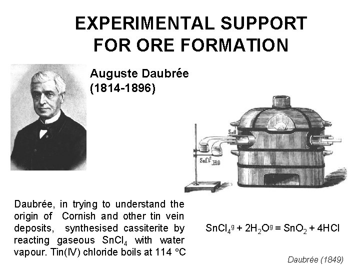 EXPERIMENTAL SUPPORT FOR ORE FORMATION Auguste Daubrée (1814 -1896) Daubrée, in trying to understand