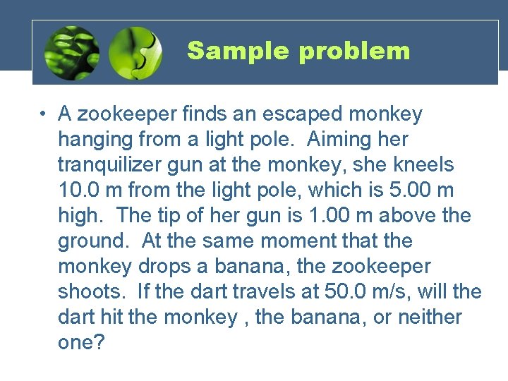 Sample problem • A zookeeper finds an escaped monkey hanging from a light pole.
