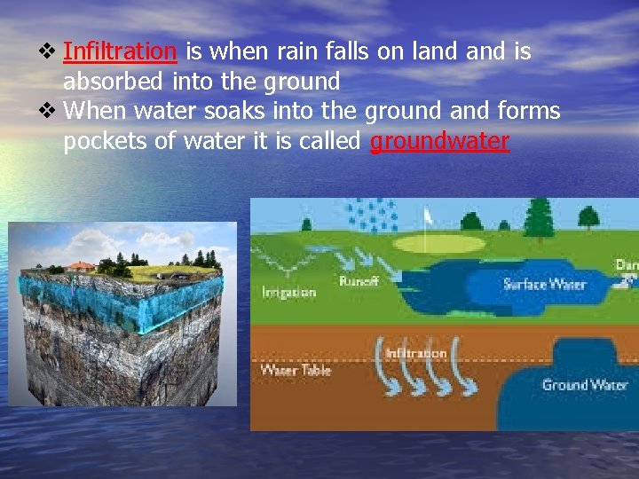 ❖ Infiltration is when rain falls on land is absorbed into the ground ❖