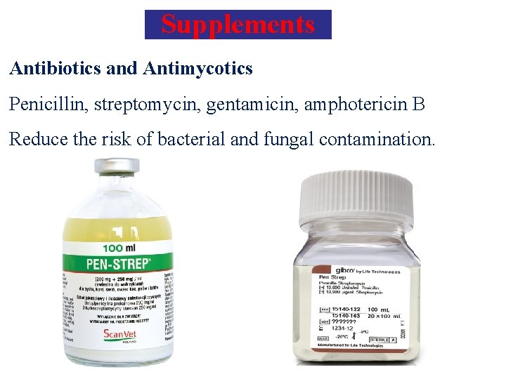 Supplements Antibiotics and Antimycotics Penicillin, streptomycin, gentamicin, amphotericin B Reduce the risk of bacterial