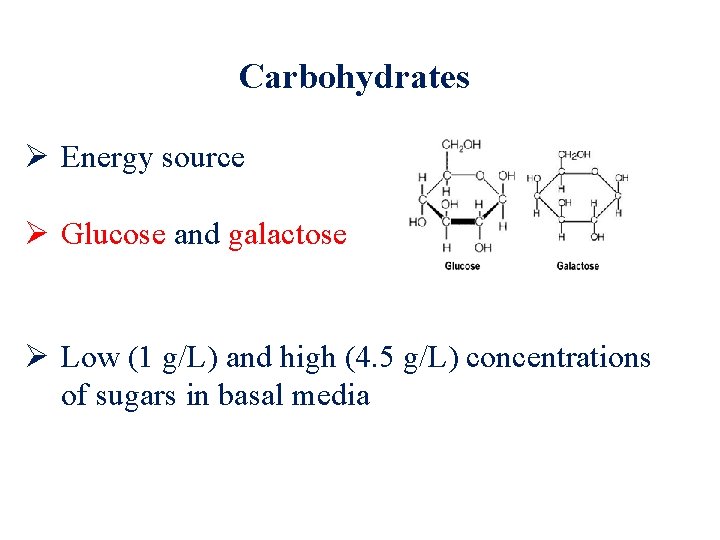 Carbohydrates Ø Energy source Ø Glucose and galactose Ø Low (1 g/L) and high