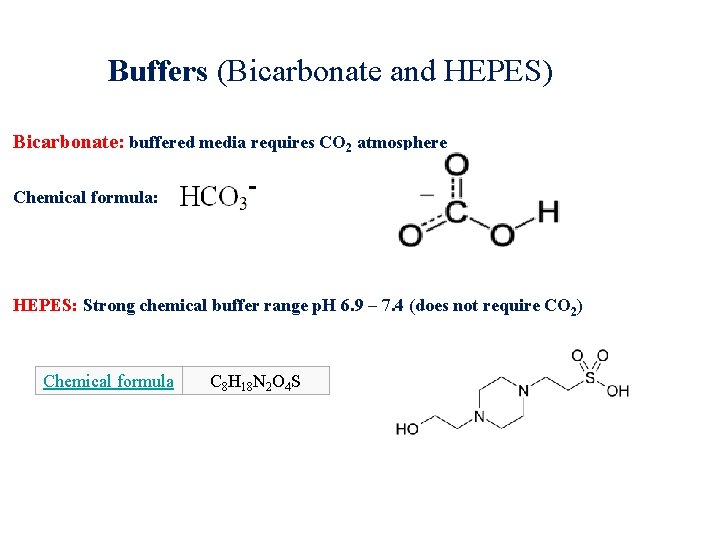 Buffers (Bicarbonate and HEPES) Bicarbonate: buffered media requires CO 2 atmosphere Chemical formula: HEPES: