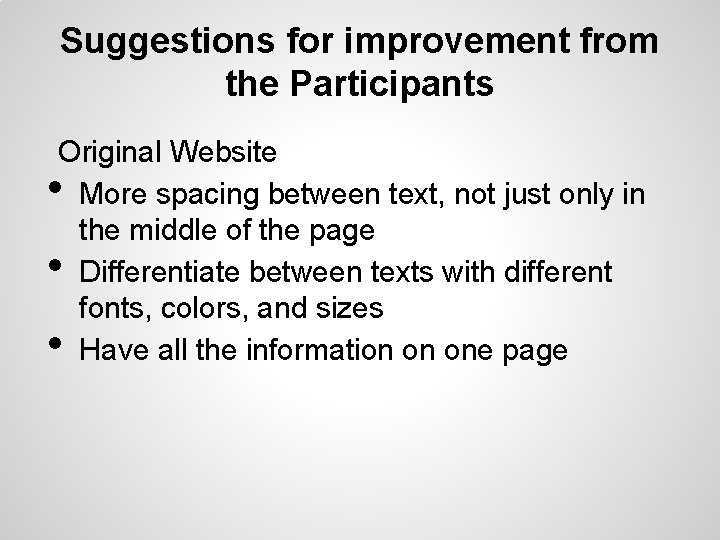Suggestions for improvement from the Participants Original Website More spacing between text, not just