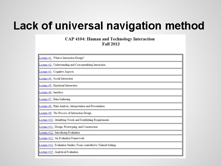 Lack of universal navigation method 