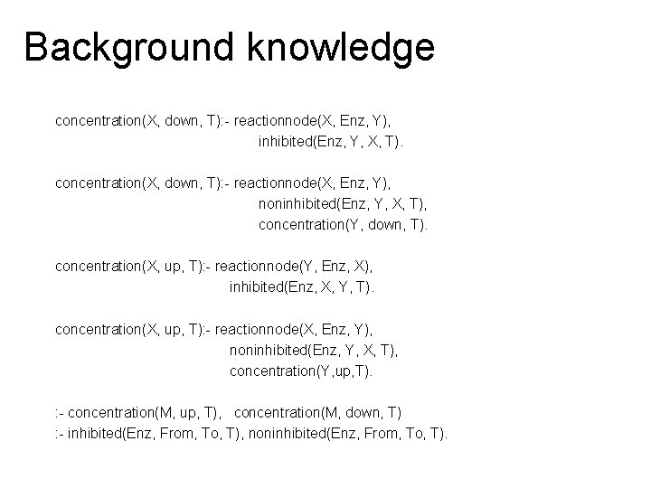 Background knowledge concentration(X, down, T): - reactionnode(X, Enz, Y), inhibited(Enz, Y, X, T). concentration(X,