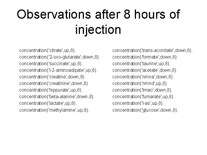 Observations after 8 hours of injection concentration('citrate', up, 8). concentration('2 -oxo-glutarate', down, 8). concentration('succinate',