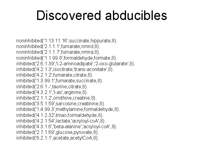 Discovered abducibles noninhibited('1. 13. 11. 16', succinate, hippurate, 8). noninhibited('2. 1. 1. 1', fumarate,