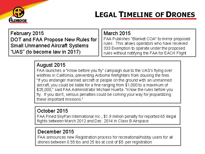 LEGAL TIMELINE OF DRONES February 2015 DOT and FAA Propose New Rules for Small