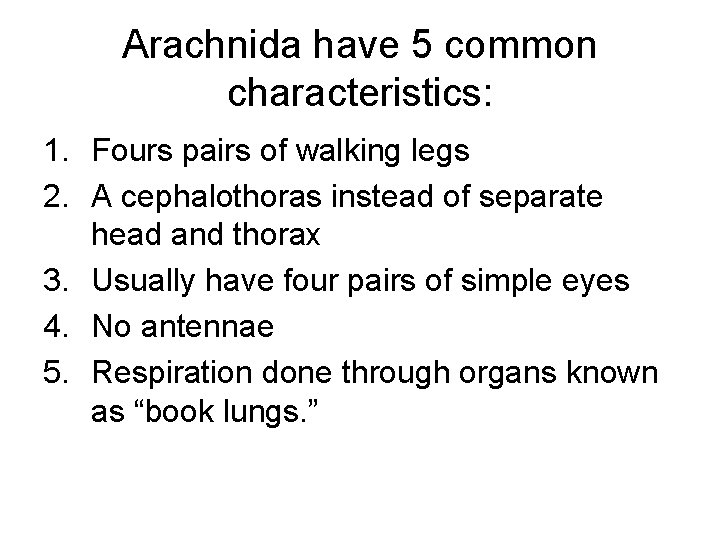 Arachnida have 5 common characteristics: 1. Fours pairs of walking legs 2. A cephalothoras