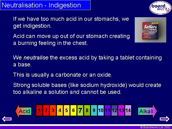 Neutralisation - Indigestion If we have too much acid in our stomachs, we get