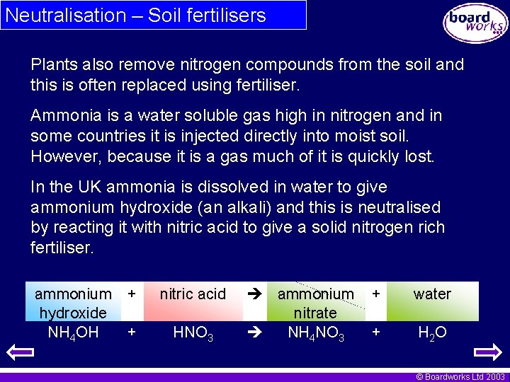 Neutralisation – Soil fertilisers Plants also remove nitrogen compounds from the soil and this