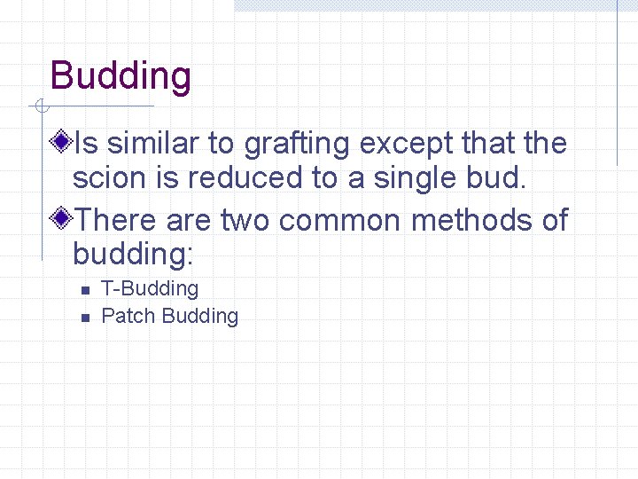 Budding Is similar to grafting except that the scion is reduced to a single