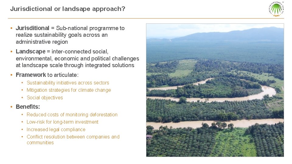 Jurisdictional or landsape approach? • Jurisditional = Sub-national programme to realize sustainability goals across