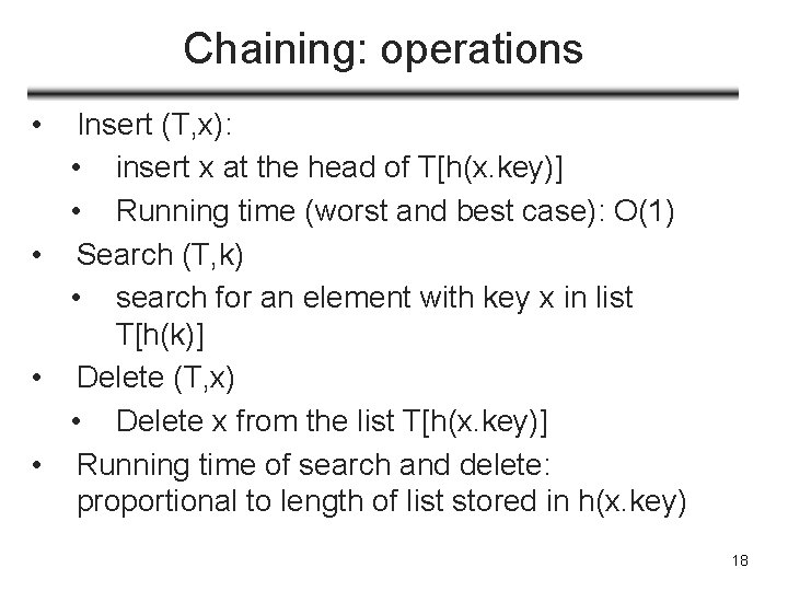 Chaining: operations • Insert (T, x): • insert x at the head of T[h(x.