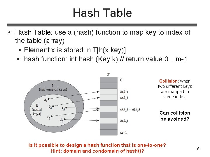 Hash Table • Hash Table: use a (hash) function to map key to index