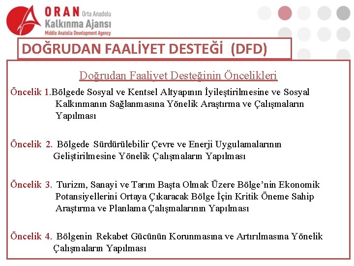 DOĞRUDAN FAALİYET DESTEĞİ (DFD) Doğrudan Faaliyet Desteğinin Öncelikleri Öncelik 1. Bölgede Sosyal ve Kentsel