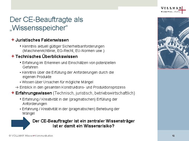 Der CE-Beauftragte als „Wissensspeicher“ + Juristisches Faktenwissen • Kenntnis aktuell gültiger Sicherheitsanforderungen Platzhalter für