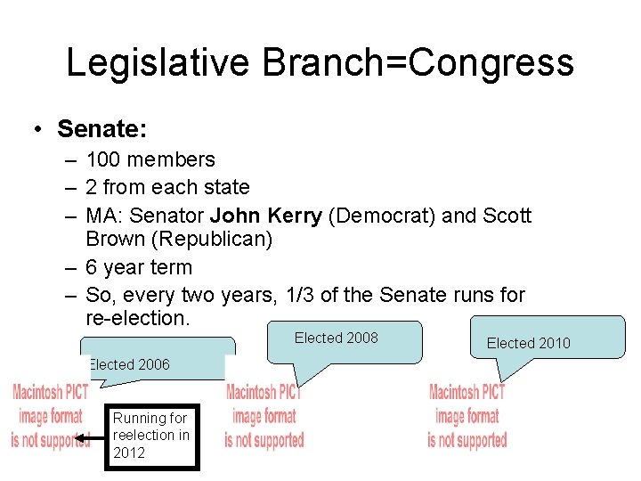 Legislative Branch=Congress • Senate: – 100 members – 2 from each state – MA: