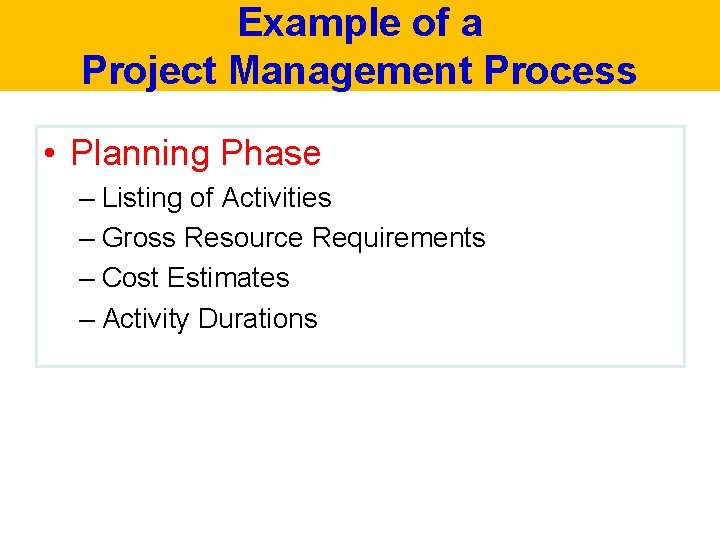 Example of a Project Management Process • Planning Phase – Listing of Activities –