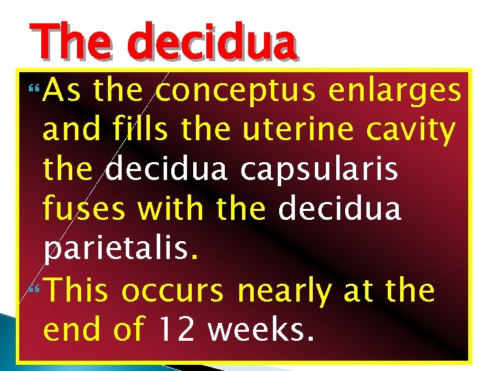 The decidua As the conceptus enlarges and fills the uterine cavity the decidua capsularis