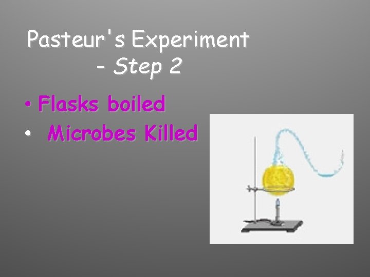 Pasteur's Experiment - Step 2 • Flasks boiled • Microbes Killed 