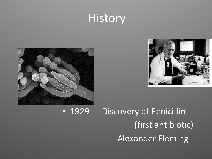 History • 1929 Discovery of Penicillin (first antibiotic) Alexander Fleming 