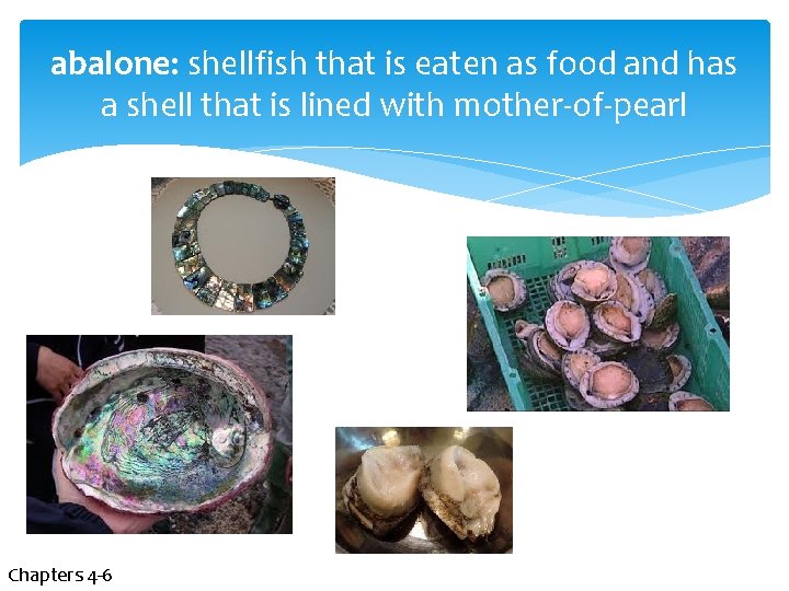 abalone: shellfish that is eaten as food and has a shell that is lined