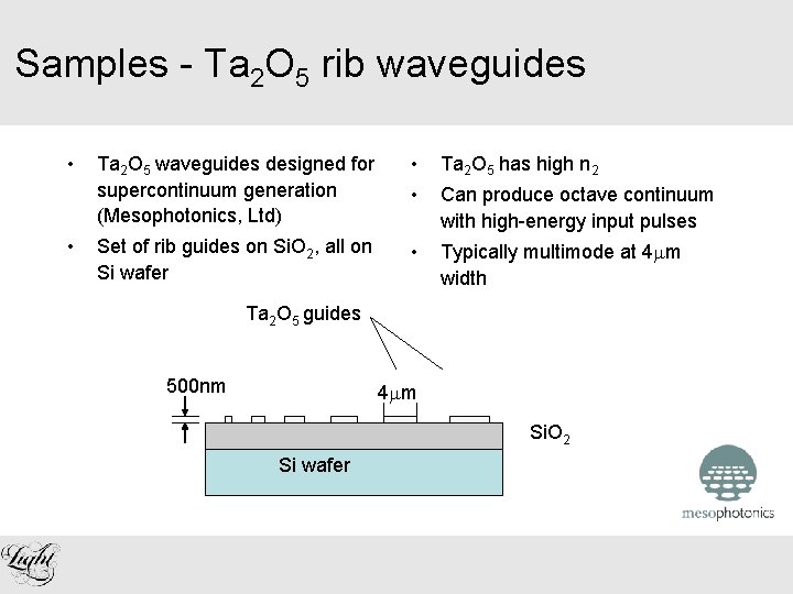 Samples - Ta 2 O 5 rib waveguides • • Ta 2 O 5