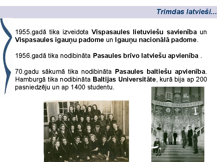 Trimdas latvieši. . . 1955. gadā tika izveidota Vispasaules lietuviešu savienība un Vispasaules igauņu
