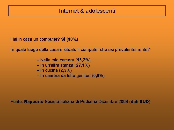 Internet & adolescenti Hai in casa un computer? Sì (90%) In quale luogo della