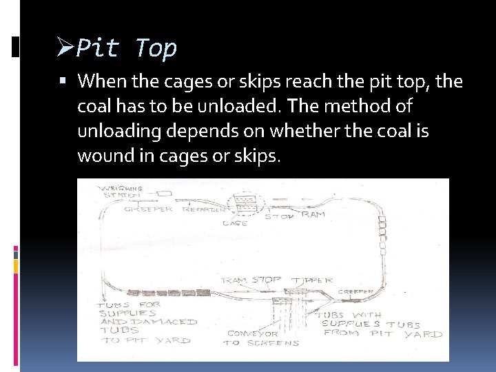 ØPit Top When the cages or skips reach the pit top, the coal has