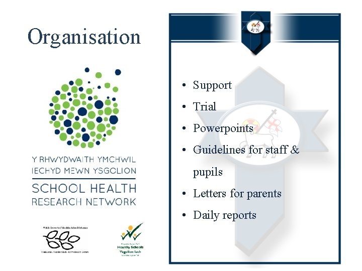 Organisation • Support • Trial • Powerpoints • Guidelines for staff & pupils •