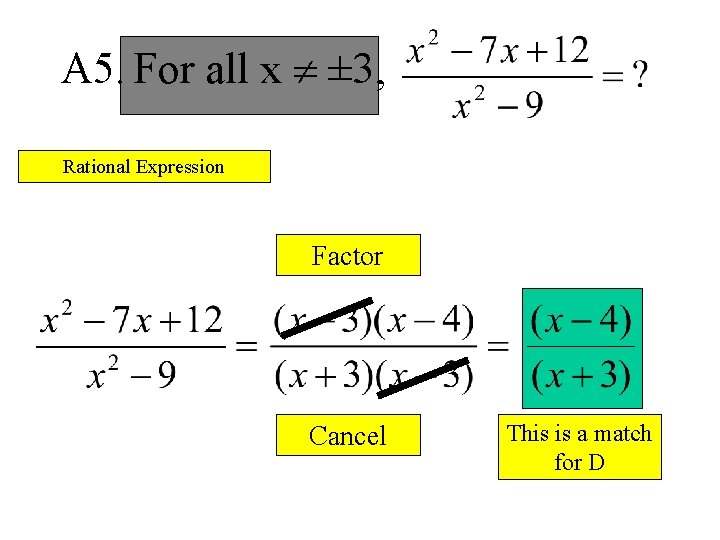 A 5. For all x ¹ ± 3, Rational Expression Factor Cancel This is