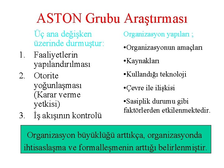 ASTON Grubu Araştırması Üç ana değişken üzerinde durmuştur: 1. Faaliyetlerin yapılandırılması 2. Otorite yoğunlaşması