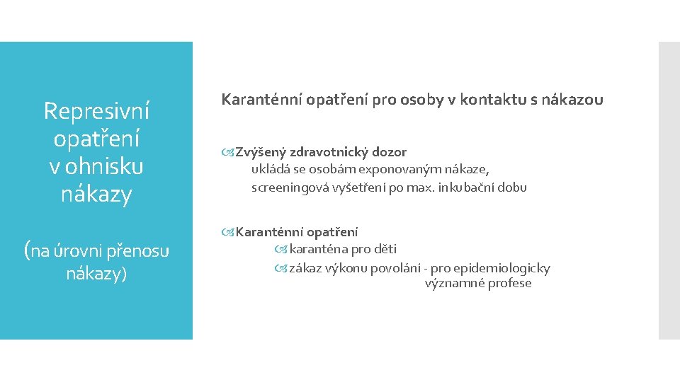 Represivní opatření v ohnisku nákazy (na úrovni přenosu nákazy) Karanténní opatření pro osoby v