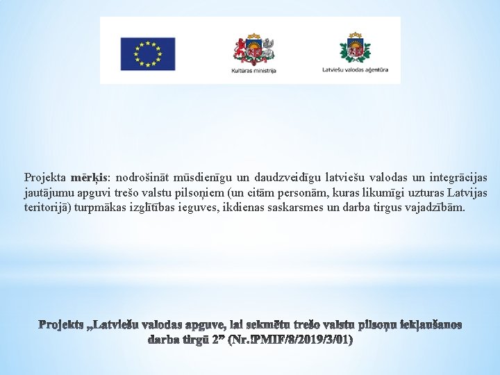 Projekta mērķis: nodrošināt mūsdienīgu un daudzveidīgu latviešu valodas un integrācijas jautājumu apguvi trešo valstu