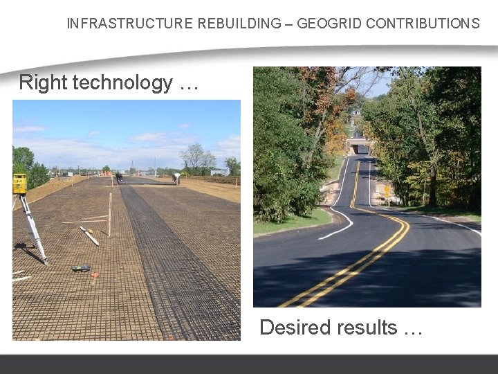 INFRASTRUCTURE REBUILDING – GEOGRID CONTRIBUTIONS Right technology … Desired results … 