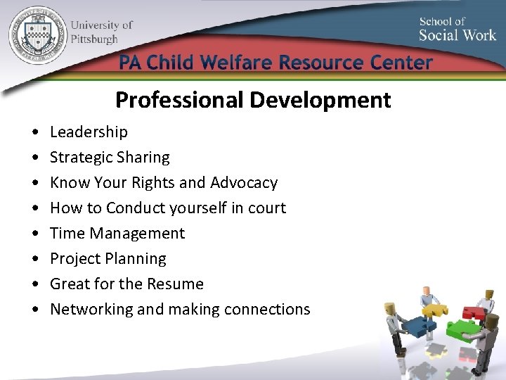 Professional Development • • Leadership Strategic Sharing Know Your Rights and Advocacy How to
