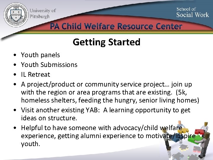 Getting Started • • Youth panels Youth Submissions IL Retreat A project/product or community