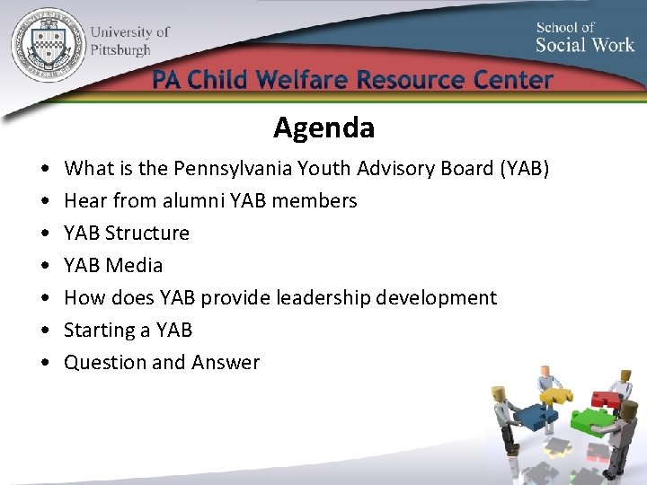 Agenda • • What is the Pennsylvania Youth Advisory Board (YAB) Hear from alumni