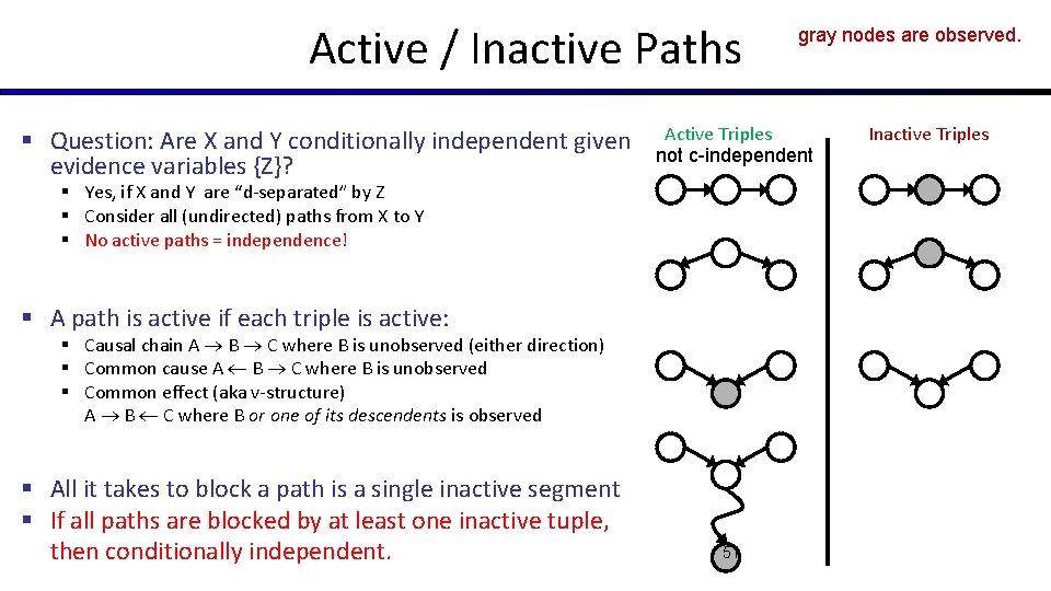 Active / Inactive Paths § Question: Are X and Y conditionally independent given evidence