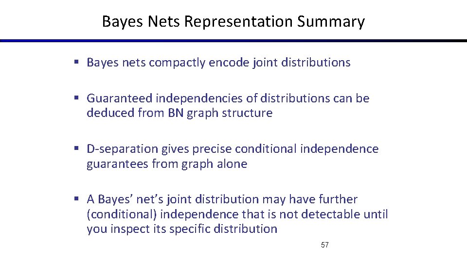 Bayes Nets Representation Summary § Bayes nets compactly encode joint distributions § Guaranteed independencies