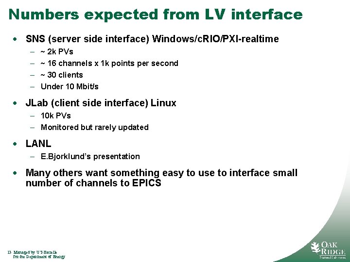 Numbers expected from LV interface · SNS (server side interface) Windows/c. RIO/PXI-realtime – –