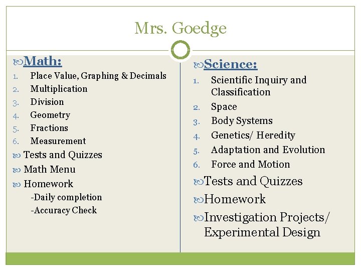 Mrs. Goedge Math: 1. 2. 3. 4. 5. 6. Place Value, Graphing & Decimals