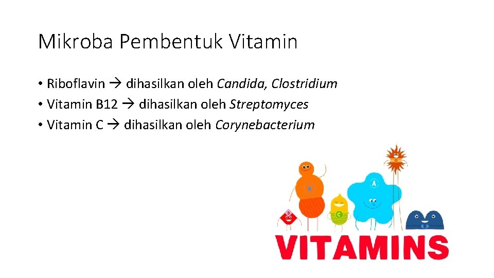 Mikroba Pembentuk Vitamin • Riboflavin dihasilkan oleh Candida, Clostridium • Vitamin B 12 dihasilkan