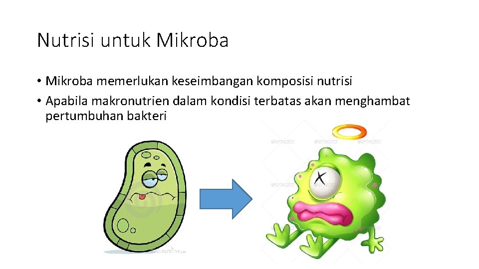 Nutrisi untuk Mikroba • Mikroba memerlukan keseimbangan komposisi nutrisi • Apabila makronutrien dalam kondisi