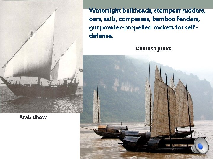 Watertight bulkheads, sternpost rudders, oars, sails, compasses, bamboo fenders, gunpowder-propelled rockets for selfdefense. Chinese